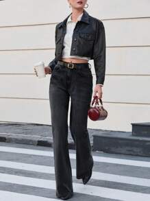 EURMUSE 98%Cotton HIGH RISE FLARED LONG BLACK JEAN TALL - Dark Grey - View 6