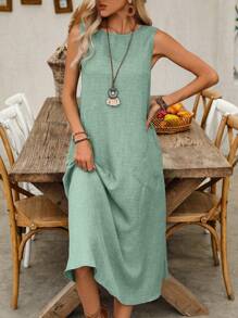 Omancia 女式休闲无袖太阳裙，带双口袋，超长度假海滩装 - 綠色 - 查看 4