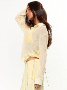 MUSERA Lightweight Knit Collared Plunge V Neck Long Sleeve Overshirt Only Beach Cover Up Swim Summer Vacation Holiday Festival Cute Casual Elegant Tuscan Sun Fall Back To School