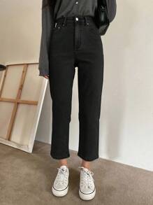 DAZY 女裝直筒剪裁膝蓋上方休閒牛仔褲，附有口袋 - 黑色 - 查看 3