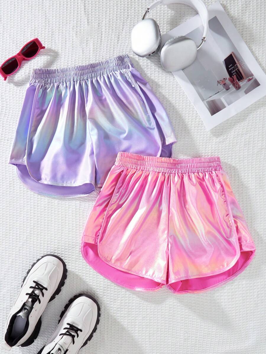 SHEIN 2件套女童弹性腰包覆彩色短裤套装,夏季 - 玫紅色 - 查看 1