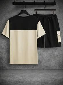 Manfinity Homme Men's Casual Contrast Color Short Sleeve T-Shirt And Shorts Set Men Color Block Sets Men Casual Top And Bottom Set
