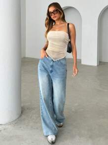 Siren Gaze 1pc Women Solid Color Asymmetric Hem Bandeau Mixed Material Splicing Blouse Casual - Apricot - View 4