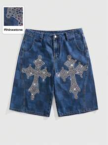 ROMWE MEN Street Life Men's Street Diamond Cross Pattern Denim Shorts - Blue - View 1
