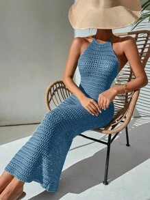 Breezaya 手工钩编纯色连衣裙，女士时尚夏装 - 霧霾藍 - 查看 6