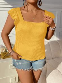 SHEIN VCAY Plus Size Women's Solid Color Cap Sleeve Square Neck Fitted T-Shirt Yellow Crop Top Women Yellow Summer Top Cute Yellow Top Mustard Yellow Top Yellow Babydoll Top - Yellow - View 4