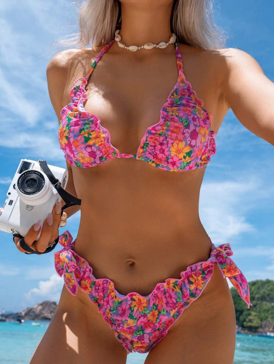 Swim Mod 2pcs/Set New Summer Holiday Sexy Ditsy Floral Ruched Halter Criss-Cross Back Triangle Bikini Swimwear Set - Multicolor - View 1