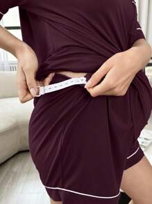 孕妇撞色装饰口袋字母印花短袖短裤睡衣套装 - 酒紅色 - 查看 5