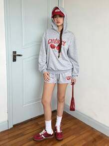 SHEIN Conjunto Casual de Moletom e Shorts Estampa de Cereja, Ajuste Folgado, Confortável, para Adolescentes - Cinza Claro - Visão 8