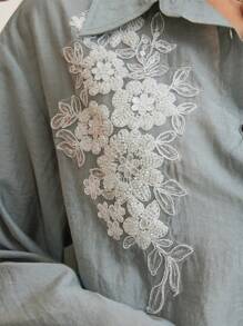 DAZY Women's Dusty Blue Elegant Sequin & Beaded Floral Embroidered Chiffon Blouse,Autumn Brunch Loose Office Commuter Long Sleeve Shirt Business Casual Top - Dusty Blue - View 5