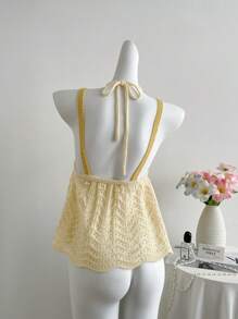 Sweetra Women's Sweet Sleeveless Solid Color Crochet Knit Crop Top, Suitable For Summer & Autumn - Yellow - View 2