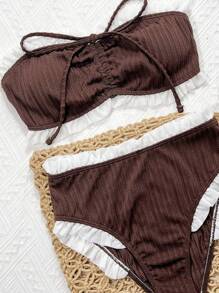 Swim Mod Bộ đồ bơi bikini đi biển thường ngày bằng vải họa tiết trơn màu dành cho nữ, mùa hè - Cà phê nâu - Xem 3