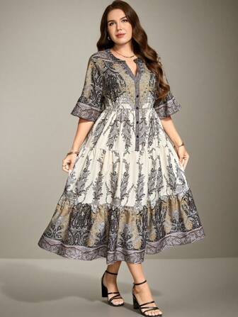 Flouryn 大码随机印花连衣裙长款女装