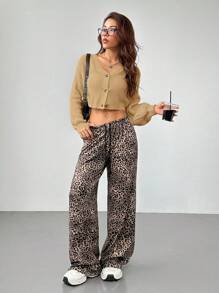 SHEIN PETITE White Lantern Sleeve Button Front Rib Knit Cardigan - Khaki - View 4