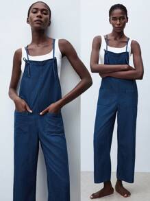 Maija Bộ đồ liền thân denim rộng rãi, thoải mái, có túi cỡ lớn dành cho nữ - Rửa tối - Xem 1
