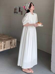 DAZY 女士宫廷风宽松圆领长裙，春夏 - 白色 - 查看 4
