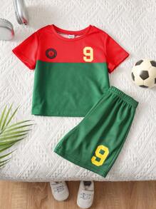 SHEIN Set de 2 piezas para bebé niño con jersey y pantalones cortos de fútbol/fútbol con bloqueo de color, de secado rápido y transpirable, adecuado para uso en interiores, exteriores, uso diario, deportes, juegos, fiestas, fotografía, vacaciones, festivales, equipo de Portugal, primavera/verano