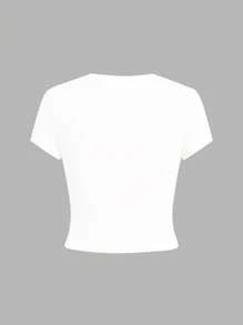 SHEIN EZwear 4 件套休闲简约熊复古汽车印花黑白条纹圆领短袖短款紧身 T 恤，百搭女士夏季服装 - 黑與白 - 查看 5