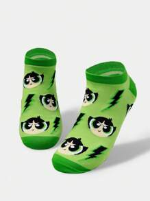 THE POWERPUFF GIRLS X SHEIN 1 Pair Women Buttercup Pattern Colorblock Ankle Socks - Green - View 4