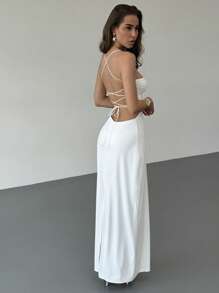 Aloruh Women's Solid Color Backless Halter Cutout Dress Vacation Dress, Going Out - White - View 2