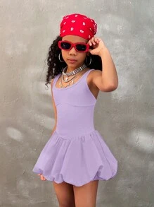 Coolane Kids Tween Girls Spring/Summer Fashion Solid Ruffle Hem Dress - Purple - View 3