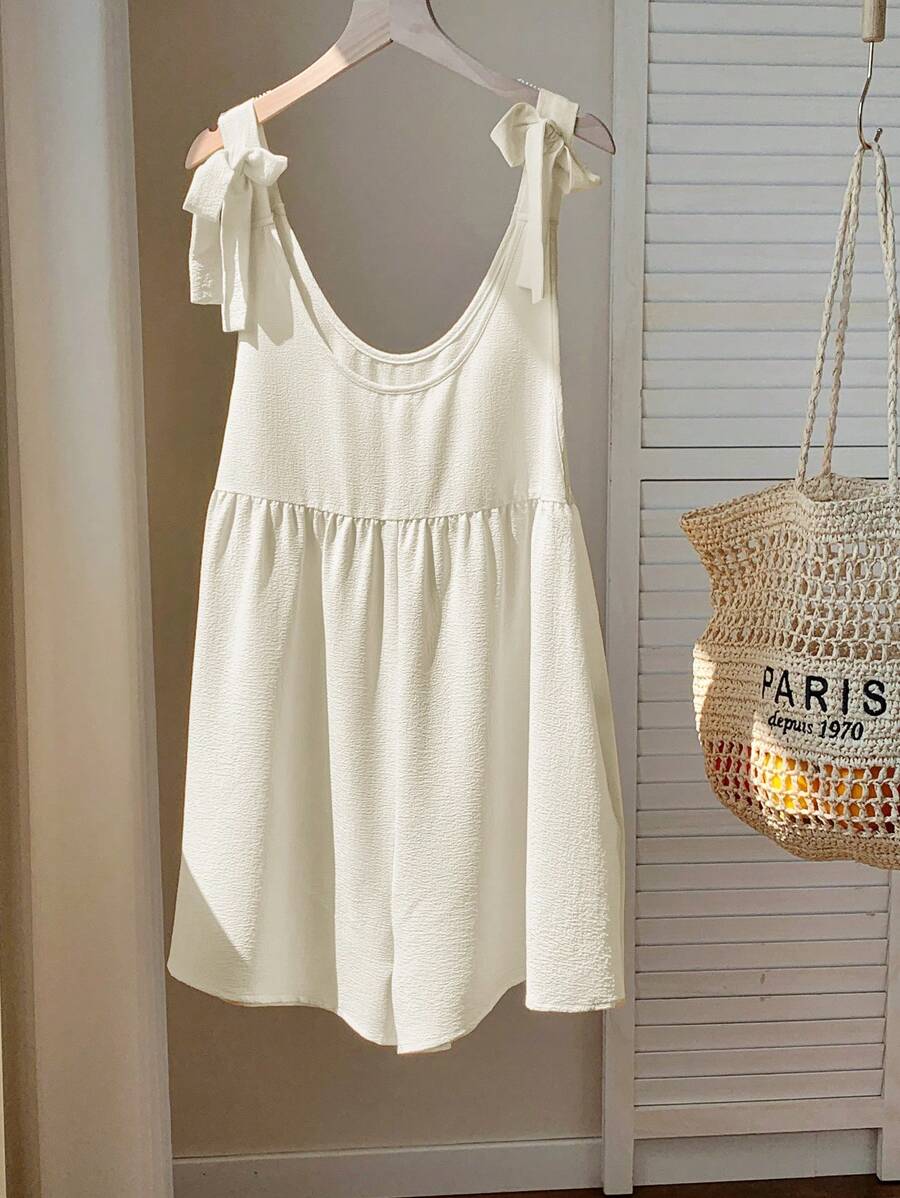 Comfortcana Bộ đồ liền thân không tay cổ tròn trang trí nút thắt màu trơn, mùa hè - Màu be - Xem 1