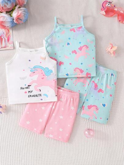 4pcs Baby Girls Cute Unicorn Print Sleeveless Top And Shorts Snug Fit Pajama Set