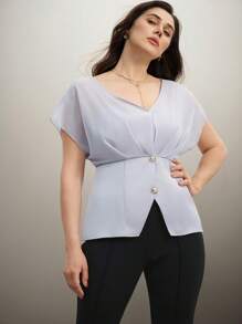 SHEIN Clasi Plus Size Women Satin & Satin Splicing V-Neck Gathered Waist Blouse, Elegant For Party And Work Summer Vacation Wedding Vintage - Blue - View 3