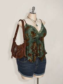 SHEIN ICON 加大码嬉皮女式蕾丝撞色印花不对称下摆吊带背心，适合节日、暑假、毕业季和返校季 - 綠色 - 查看 8