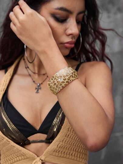 Grunge Punk 1pc Leopard Print Punk Retro Open Bangle Bracelet, Personalized Hip Hop Wrist Decor