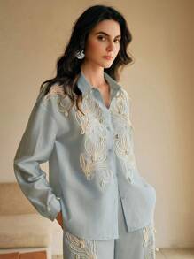 Anewsta 1 Stück Damen Blume Jacquard Langarm Einreihige Elegante Bluse