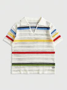 ROMWE MEN Street Life 男士条纹半拉链镂空针织上衣，复古街头服饰