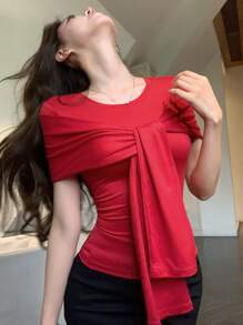 DAZY 夏季二合一披肩翻领系带性感修身休闲假日风格短袖安卡拉红色T恤女款