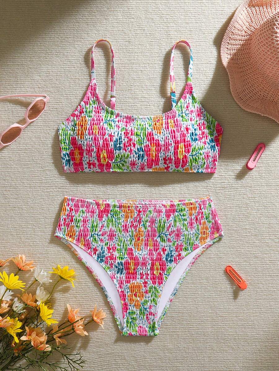 SHEIN Teen Girl Floral Print Bikini Set, Holiday Style, Random Print - Multicolor - View 1
