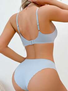 SHEIN 2pcs/Set Blue Sheer Mesh Insert Bra And Panty Lingerie Set - Dusty Blue - View 4