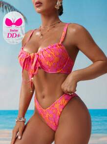Swim DD+ Set Bikini Wanita Motif Cetak Seluruh Permukaan DD+ Push Up untuk Liburan Pantai Musim Panas - MultiWarna - View 4