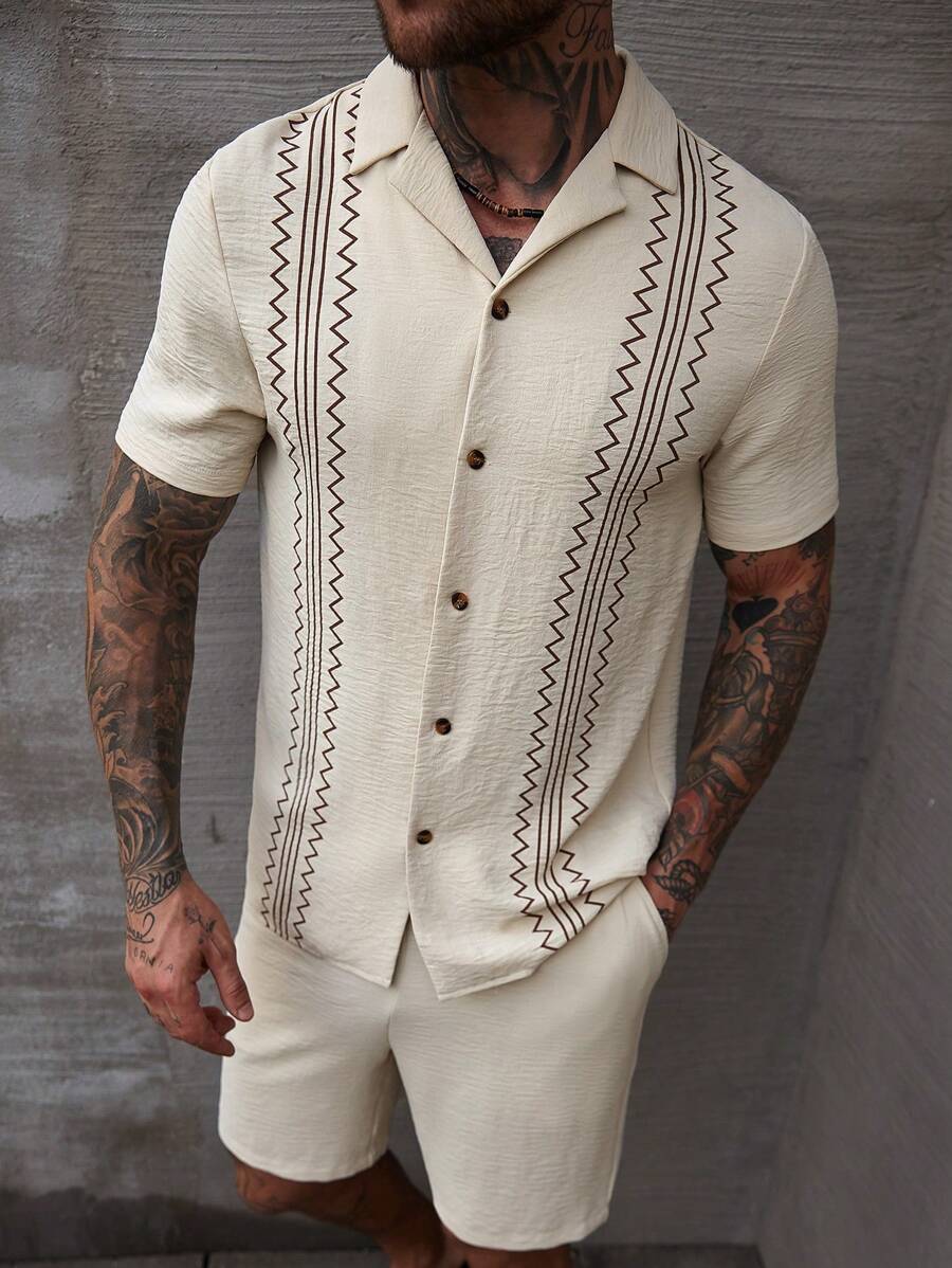 Manfinity CasualCool Conjunto de camisa de manga corta con estampado de verano + pantalones cortos con cordón para hombre