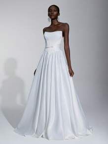 Elitara 优雅奢华的白色露肩连衣裙，配有蝴蝶结腰带和超大喇叭裙摆，带拖尾，适合婚礼、派对、蜜月 - 米色 - 查看 6