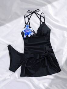 Swim Vcay 2 件女式黑色花卉印花拼布泳衣，合身性感复古休闲高腰双肩带露背比基尼套装 - 彩色 - 查看 8