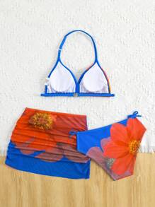 Big Flower Print Outfit For Tween Girls - Multicolor - View 2