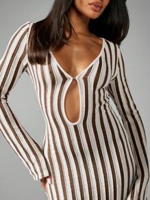 MISSGUIDED Vestido largo tipo pareo de playa con manga larga, diseño de crochet y abertura en el frente, estampado de rayas, de estilo bohemio para usar en resorts en verano - Marrón - Ver 4