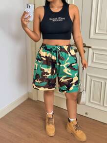 SHEIN EZwear Plus Size Casual Drawstring Camo Cargo Shorts - Yellow - View 5