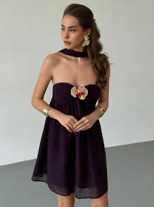 Aloruh Đầm không tay họa tiết hoa trơn màu cho nữ - Màu tím - Xem 6