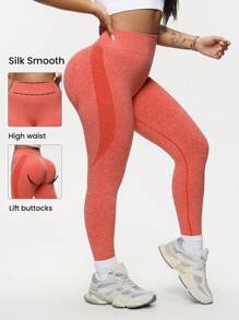 Easithlete Plus Size Women's Seamless Sports AB Yarn Pants, Fashionable For Summer - Red - View 5