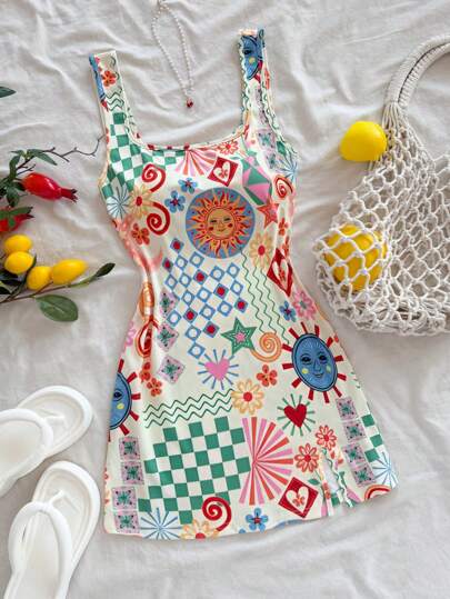 Soleia Plus Size Funny Pattern U-Neck Backless Mini Dress, Suitable For Vacation, Music Festival, Bohemian, Holiday, Date, Afternoon Tea,Summer Outfits For Women