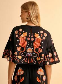 CAJUNI 女式荷叶边度假印花衬衫 - 黑色 - 查看 2