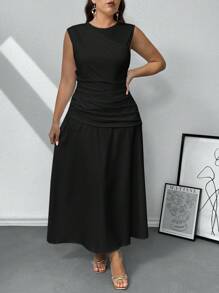 Firerie Plus Size Elegant Comfortable Casual Minimalist Round Neck Cinched Waist A-Line Irregular Ruched Hem Long Dress, White, Sleeveless,Wedding Guest Dress Women