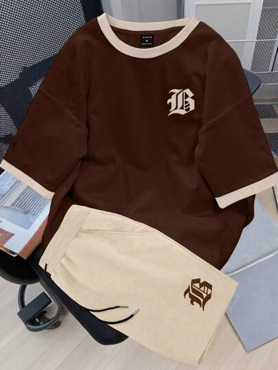 Claim Dot 男士字母印花圆领短袖休闲 T 恤和抽绳腰短裤套装，舒适服装