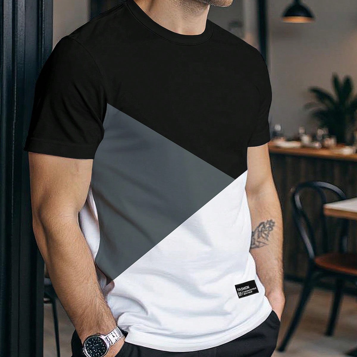 Camiseta de manga corta casual de cuello redondo con color contrastante, versátil para el verano
