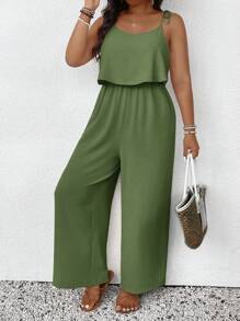 SHEIN Frenchy Plus Size Casual Holiday Textured Solid Color Jumpsuit - Green - View 3